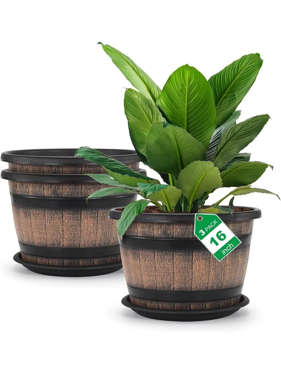 3 Pack 16 inch Plant Pots,Whiskey Barrel Planters with Drainage Holes & Saucer Flower Pots Imitation Wine Barrel Design