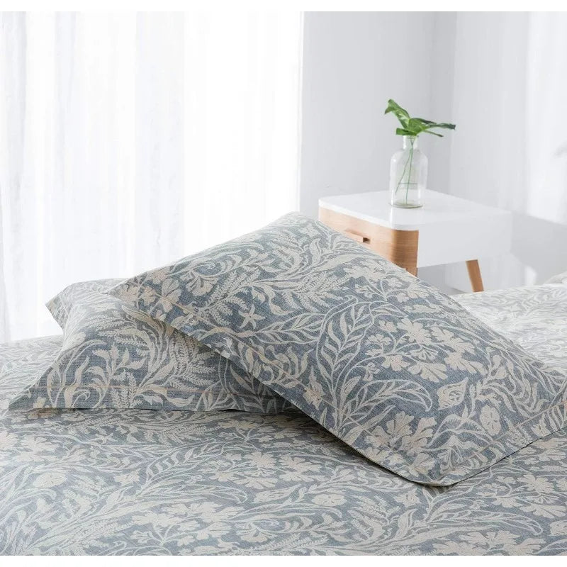 Duvet Cover Queen Size, 600 Thread Count Cotton Beige & Bluish Grey Printed with Luxurious Leaves Pattern Reversible Botanical