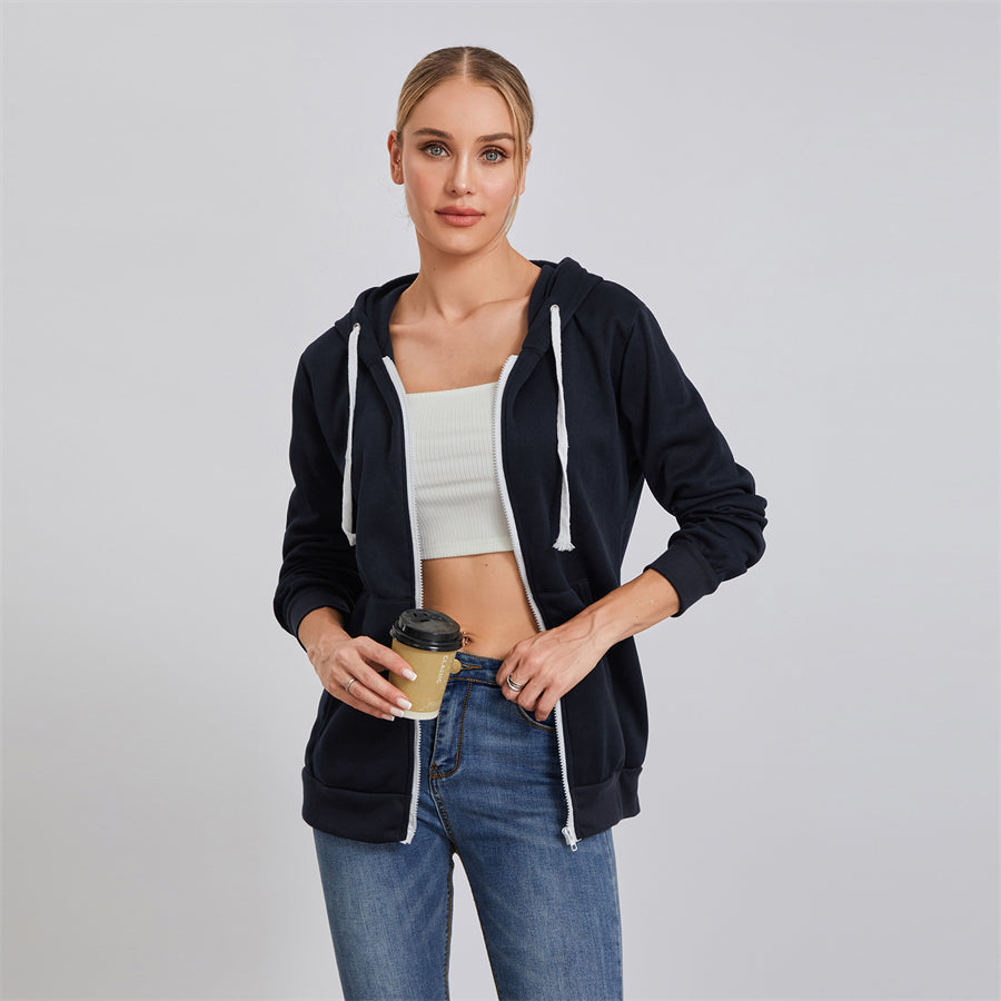 wsevypo Autumn Casual Sporty Hoodies Women's Long Sleeve Zip-up Hooded Sweatshirts with Front Pockets Street Workout Outwear