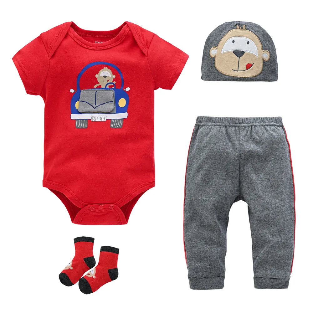 Newborn Baby Boy Clothes Set Green Dinosaur Romper + Hat + Pants + Shoes 4pcs Clothing Suit