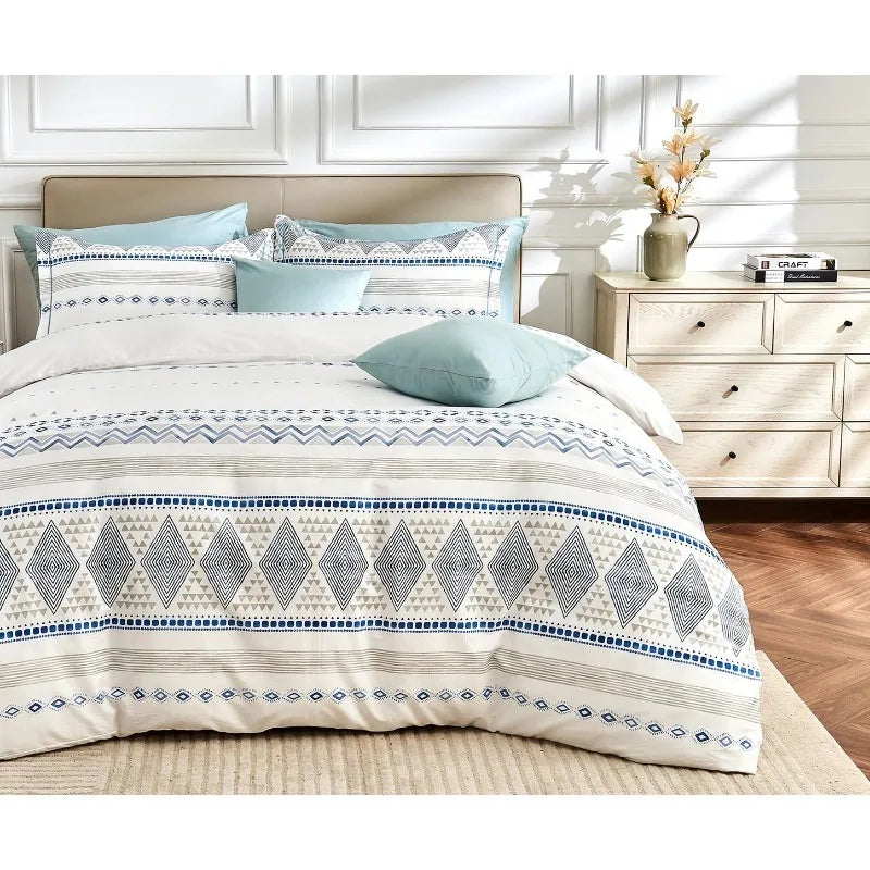 Duvet Cover Queen Size, 600 Thread Count Cotton Beige & Bluish Grey Printed with Luxurious Leaves Pattern Reversible Botanical