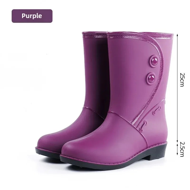 Outdoor Fashion Mid Tube Low Heel Women's Rain Boots Four Seasons Waterproof Car Wash Non-slip Kitchen Work Boots