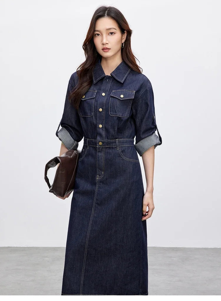 SENTUBILA Cotton Denim Dresses for Womens Spring 2025 A-line Vintage Turn Down Collar Button Pockets Long Dresses W51L58809