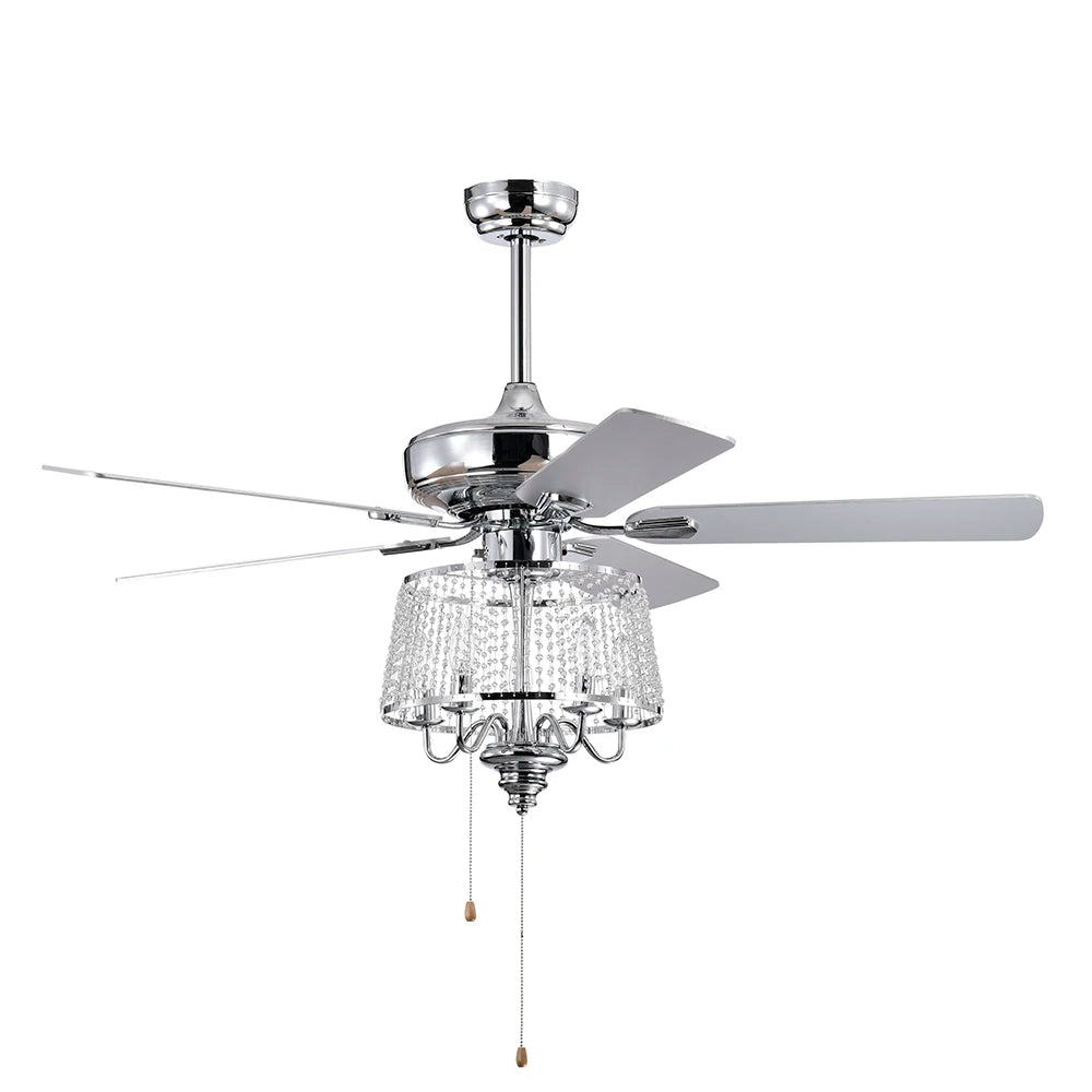 52 Inch Crystal Ceiling Fan , Modern Electrical Fan with 5 Wood Reversible Blades, 4 Bulbs Not Included,Noiseless Reversible AC