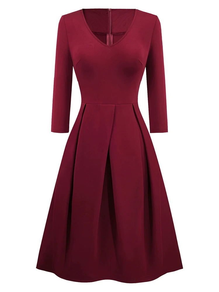 Nice-forever Vintage Solid Color V neckline Pinup Pockets vestidos A-Line Business Party Female Flare Swing Women Dress A191
