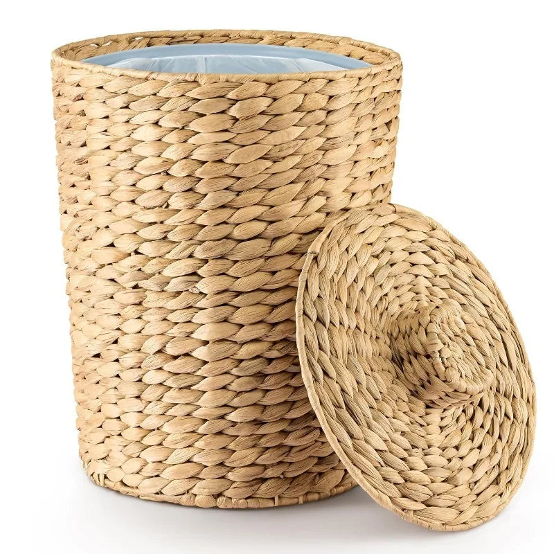 3 Gallons Wicker Woven Waste Basket with Lid  Handwoven