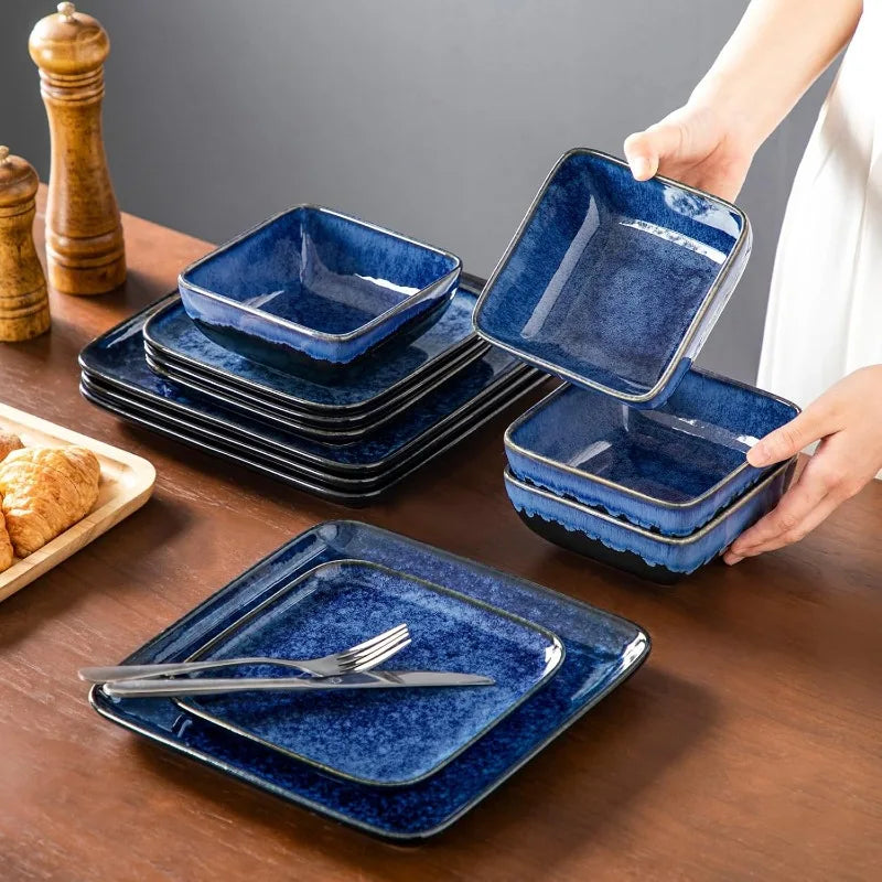 Stern Blue Dinner Set Square Reactive Glaze Tableware 12 Pieces Kitchen Dinnerware