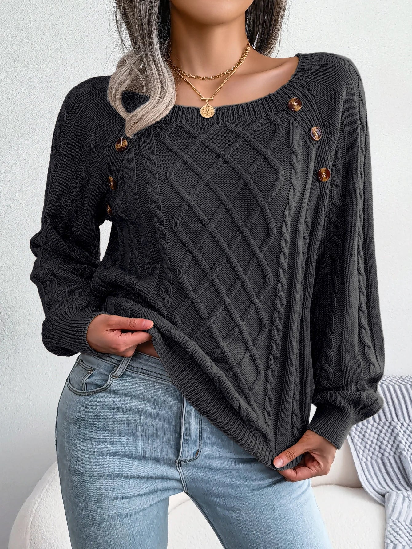 Women Casual Square Collar Buttons Long Sleeve Knitted Pullovers And Sweaters For Autumn Winter 2023