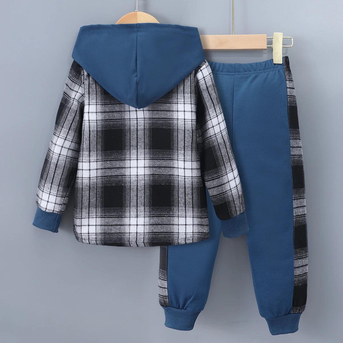 2024 Spring Winter Kids Boy 2-Piece Cotton Casual Simple Long Sleeve Checkered  Hooded Sweatshirt - Jess Deals