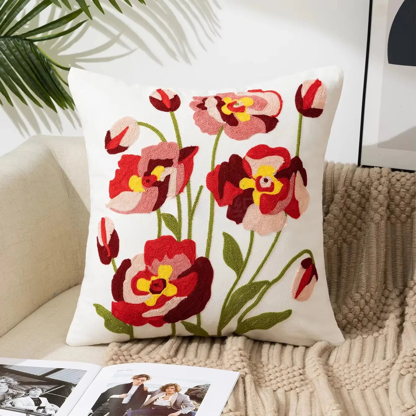 45X45CM Flower Embroidered Throw Pillow Cover Plant Towel Modern Stamping Waist Cushion Cover Decor Home Decorative Pillowcase