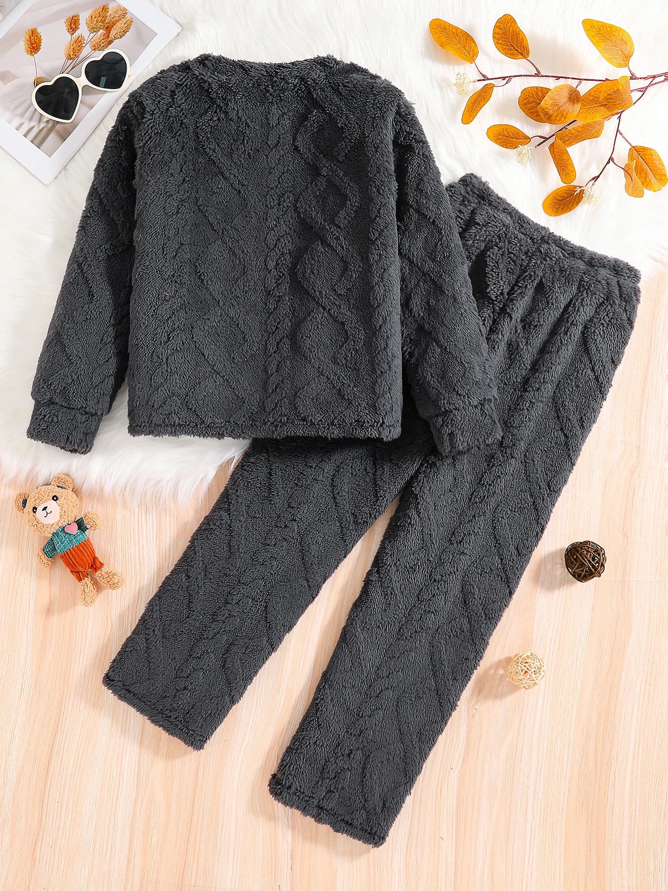 Spring and autumn girls fashion 2 sets dark grey knitted round neck long sleeve + knitted straight pants