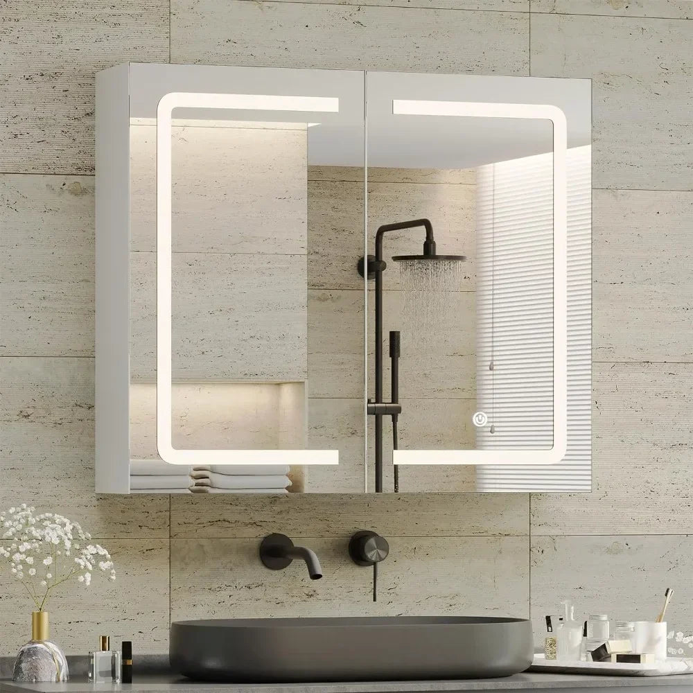 Bathroom Medicine Cabinet with Mirrors and Led Lights Double Doors Wall Mounted Mirror Cabinet