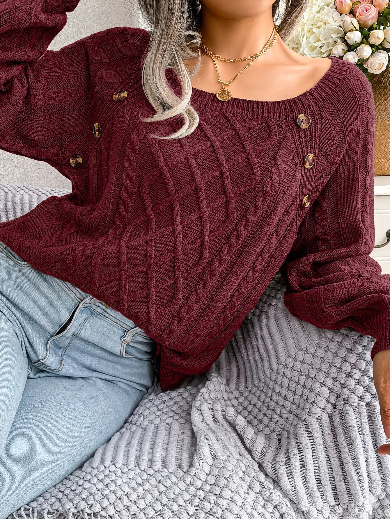 Women Casual Square Collar Buttons Long Sleeve Knitted Pullovers And Sweaters For Autumn Winter 2023