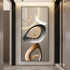 Abstract Luxury Geometry Feather Leaf Light Canvas Painting Deer Decorative Wall Art Golden Living Room - Jess Deals