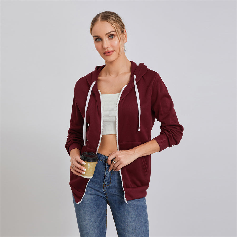 wsevypo Autumn Casual Sporty Hoodies Women's Long Sleeve Zip-up Hooded Sweatshirts with Front Pockets Street Workout Outwear
