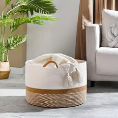 King-size Woven Storage Basket Living Room Cotton Rope Blanket Basket Household Wicker Laundry Basket Storage Organizer