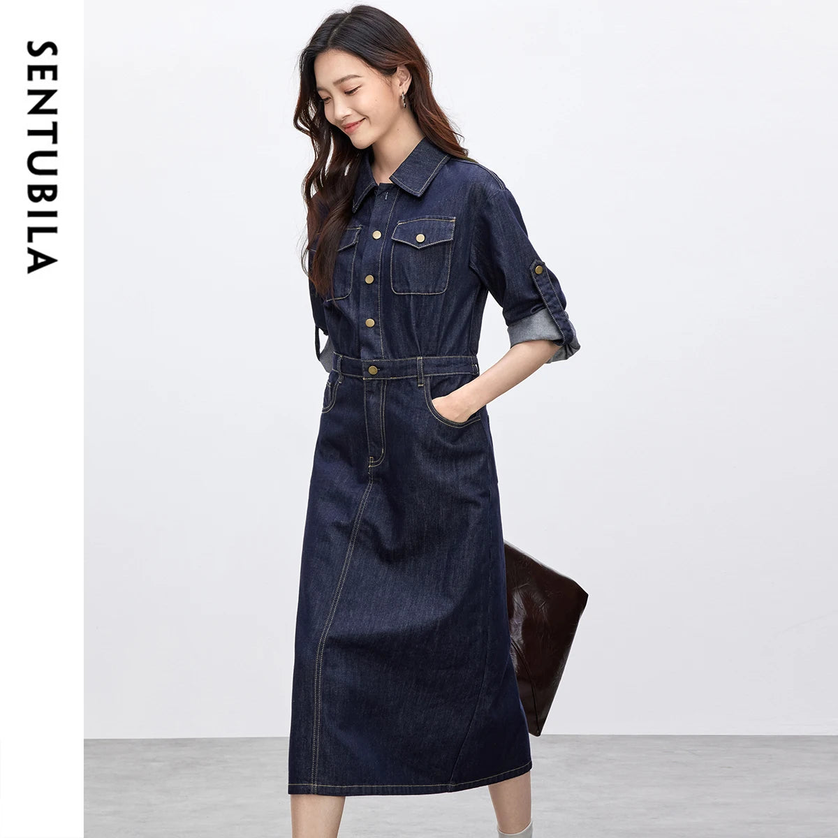 SENTUBILA Cotton Denim Dresses for Womens Spring 2025 A-line Vintage Turn Down Collar Button Pockets Long Dresses W51L58809