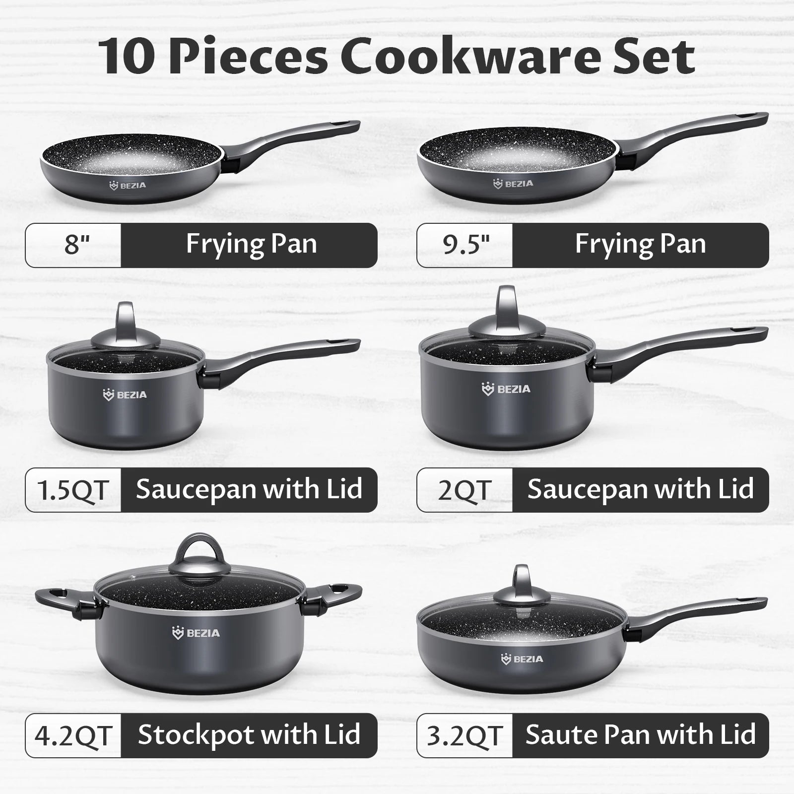 Induction Cookware Pots and Pans Set 10 Piece, BEZIA Dishwasher Safe Nonstick Cooking Pans, Stay-Cool Bakelite Handle - Jess Deals