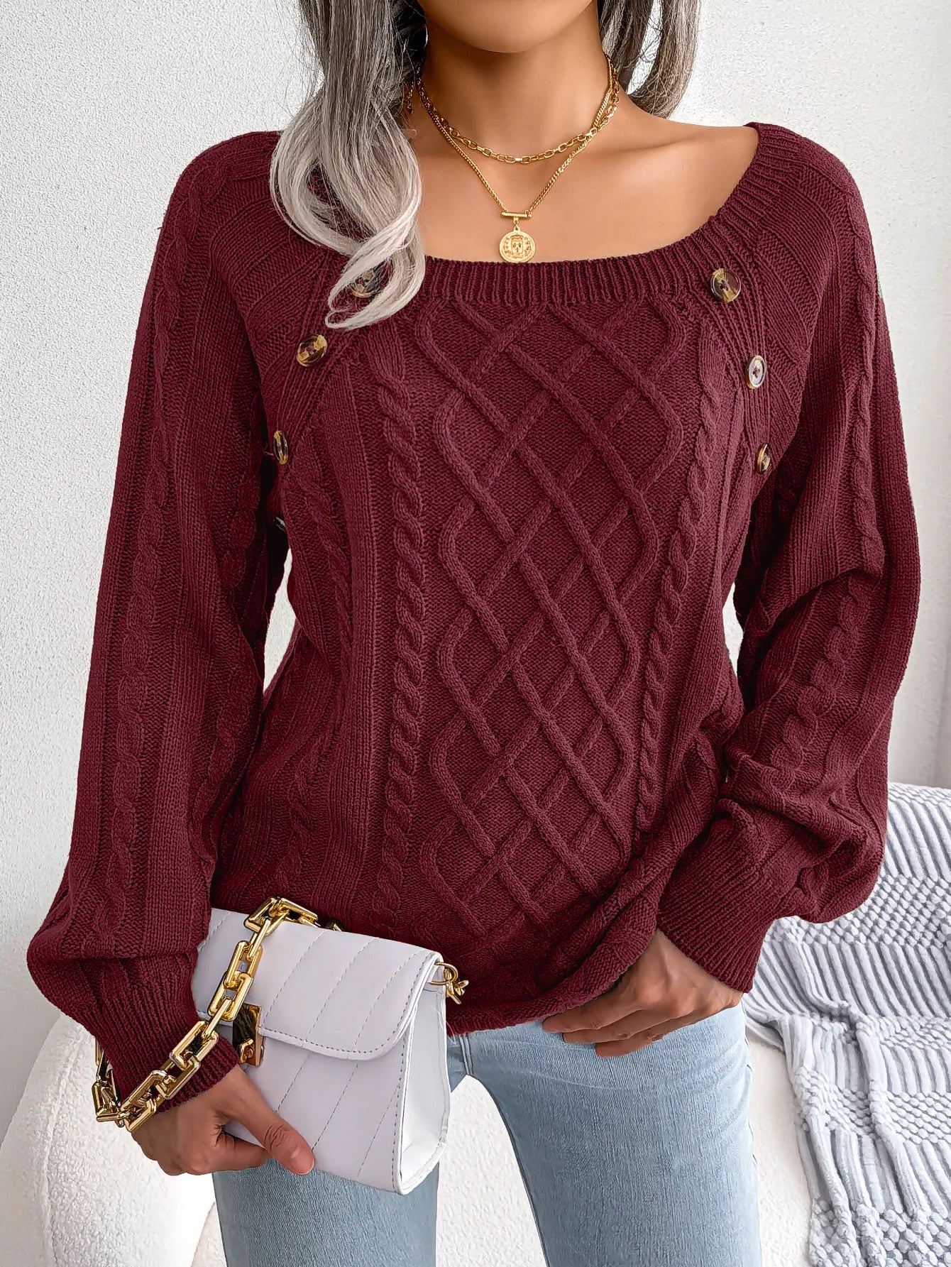 Women Casual Square Collar Buttons Long Sleeve Knitted Pullovers And Sweaters For Autumn Winter 2023