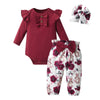 Spring Autumn Newborn Infant Baby Girl 3pcs Clothes Set Long Sleeve Romper Bodysuit Top + Floral Printed Pants + Bow Headband