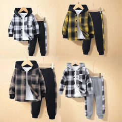 2024 Spring Winter Kids Boy 2-Piece Cotton Casual Simple Long Sleeve Checkered  Hooded Sweatshirt - Jess Deals