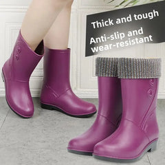 Outdoor Fashion Mid Tube Low Heel Women's Rain Boots Four Seasons Waterproof Car Wash Non-slip Kitchen Work Boots