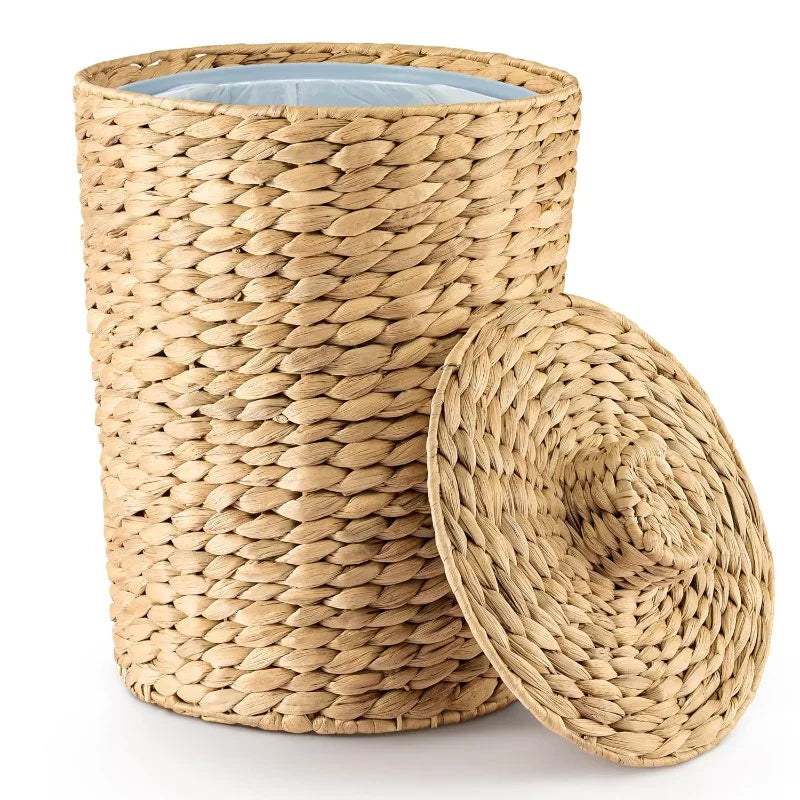 3 Gallons Wicker Woven Waste Basket with Lid  Handwoven