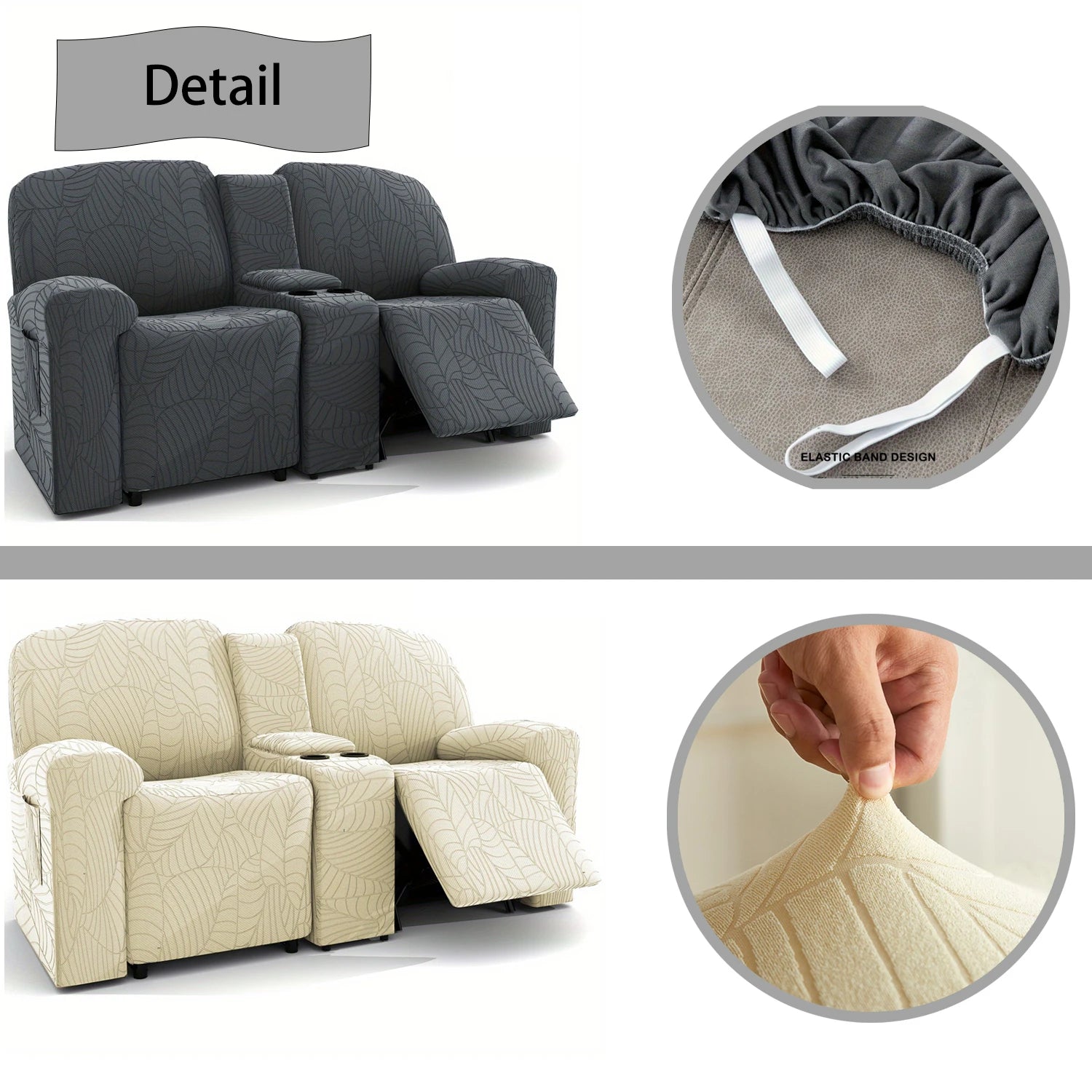 6Pcs/Set Water Resistant Leaf Texture Jacquard Stretch Recliner Loveseat Center Console Sofa Cover Spandex 2 Seater Sofa Cover