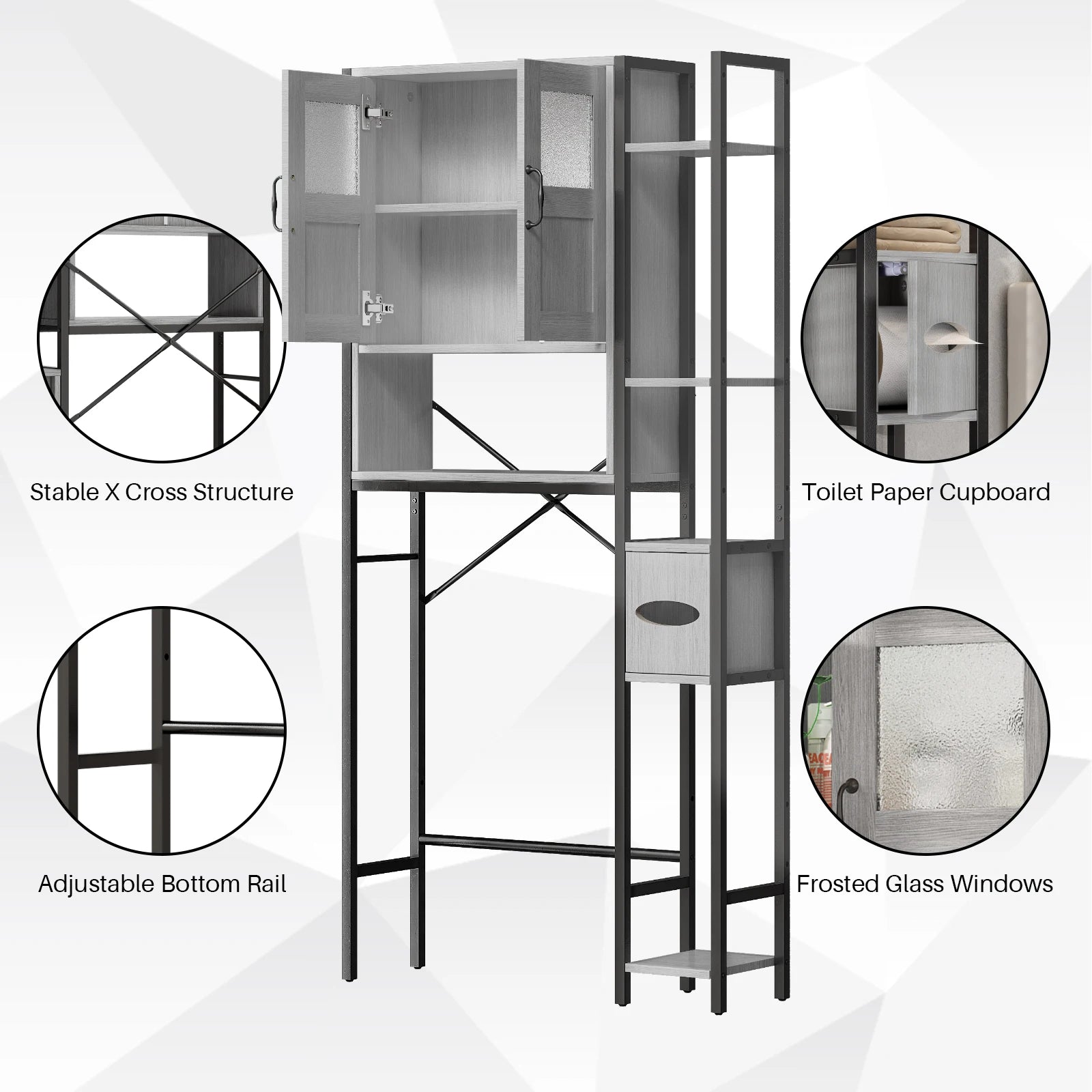 Over The Toilet Cabinet, Bathroom Storage Organizer 64.6 inch Tall Toilet Rack w/ Adjustable Open Shelves & Double Doors