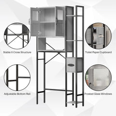 Over The Toilet Cabinet, Bathroom Storage Organizer 64.6 inch Tall Toilet Rack w/ Adjustable Open Shelves & Double Doors