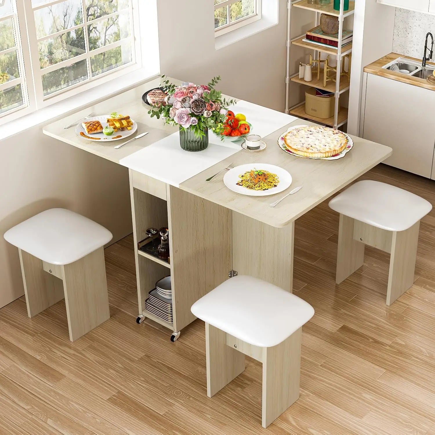 Folding Dining Table Set for 4, Dinner Table with 4 Leather Chairs and Shelves, Space Saving Foldable Dining Table with 6 Wheels