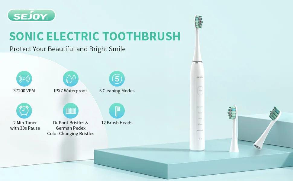 Sejoy Sonic Electric Toothbrush for Adults Rechargeable 5 Cleaning Modes Ultra Sonic Toothbrush with 12 Brush Heads Smart Timer - Jess Deals