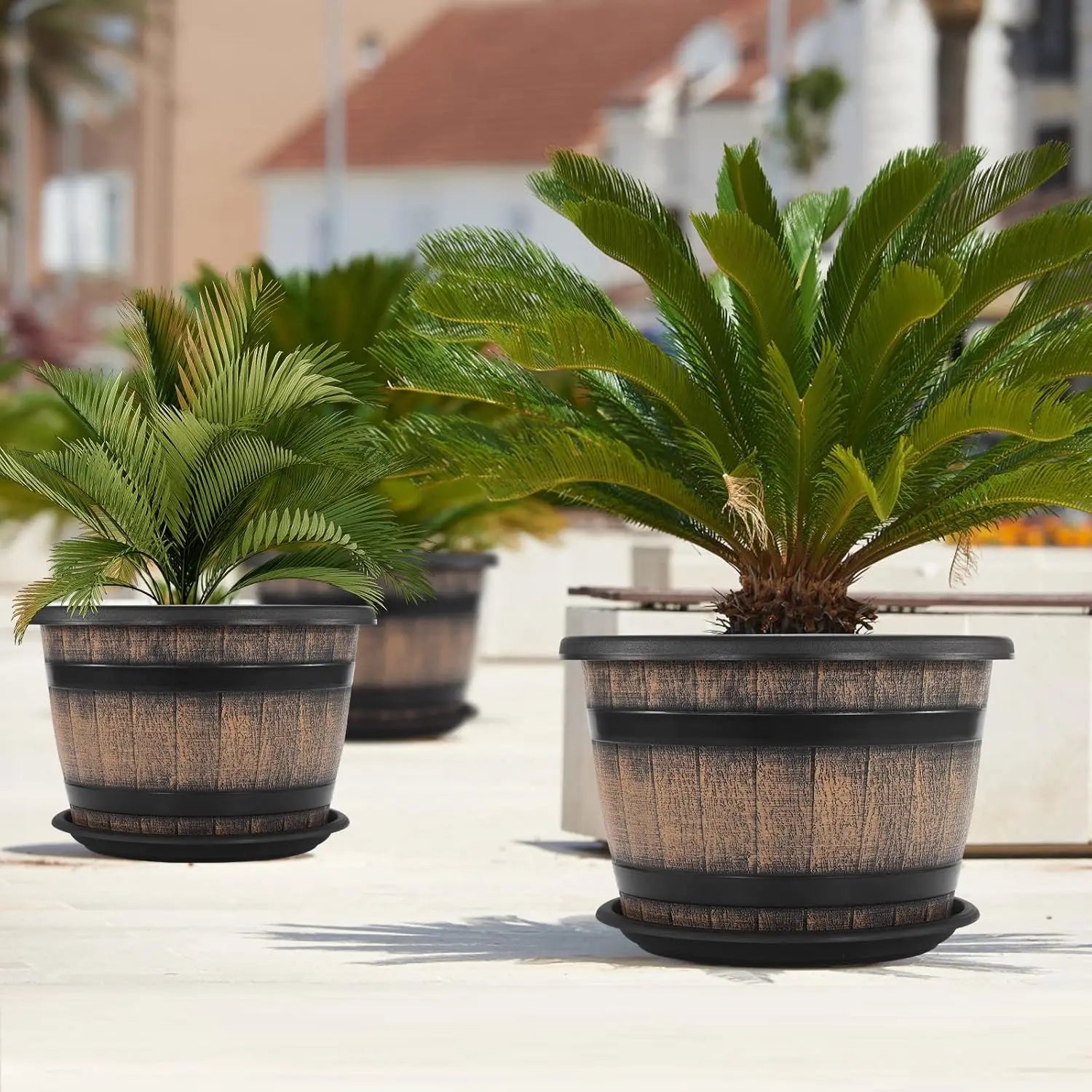 3 Pack 16 inch Plant Pots,Whiskey Barrel Planters with Drainage Holes & Saucer Flower Pots Imitation Wine Barrel Design
