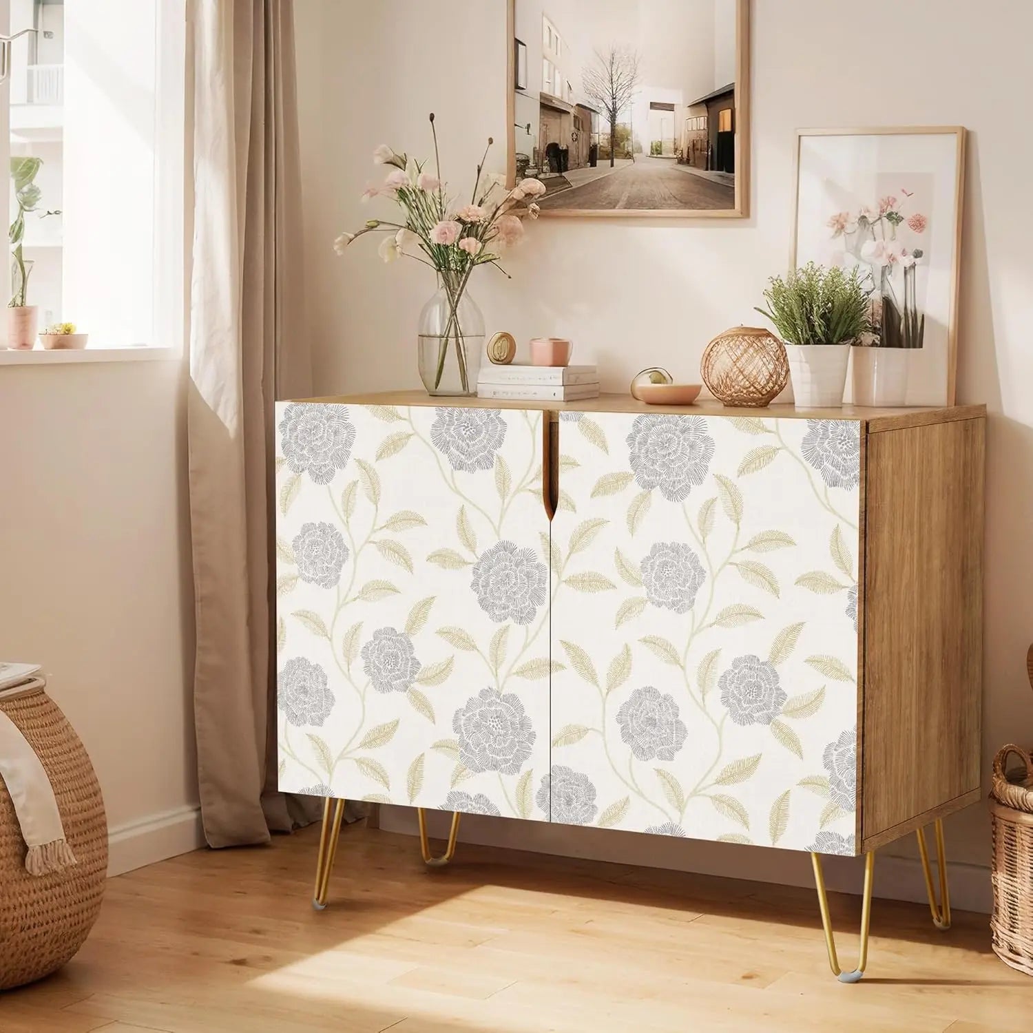 Sideboard Buffet Cabinet, Kitchen Storage Cabinet with 2 Doors, Black, Brown & Gold Geometric Polygons Abstract Shapes