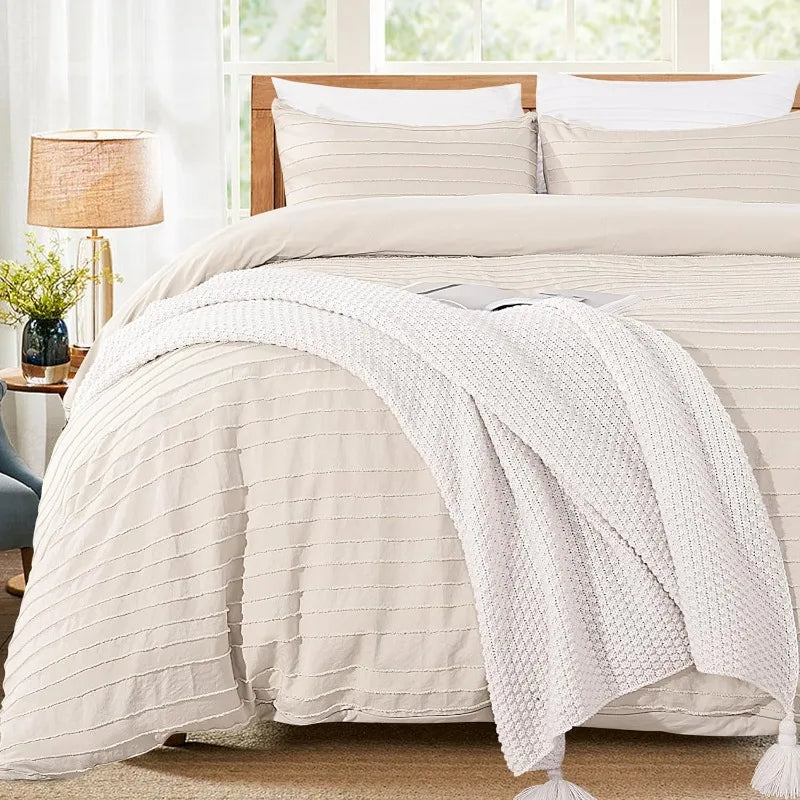 Duvet Cover Queen Size, Navy 3 Pieces Boho Tufted Duvet Cover Set, Soft and Lightweight Microfiber Comforter Cover Set