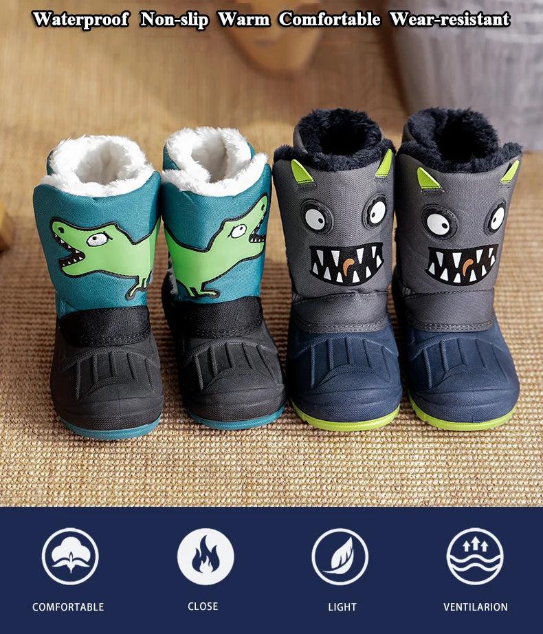 Winter Children Snow Boots Boys Girls Warm Waterproof Ski Boots Baby Cute Cartoon Dinosaur Print High Boots - Jess Deals