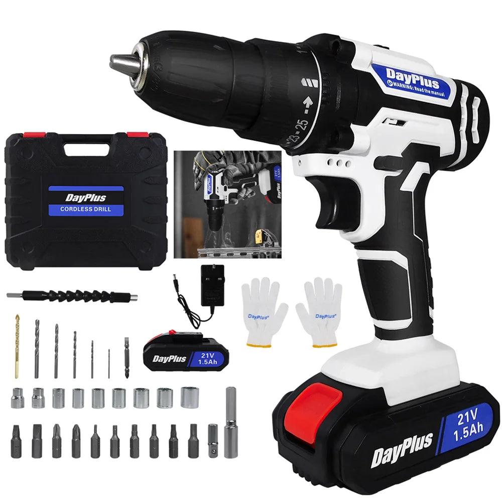 21V Portable Cordless Power Drill Set Impact Screw Driver with 1500mAh Li-Ion Rechargeable Battery 25+1 Torque Setting 45N.m - Jess Deals