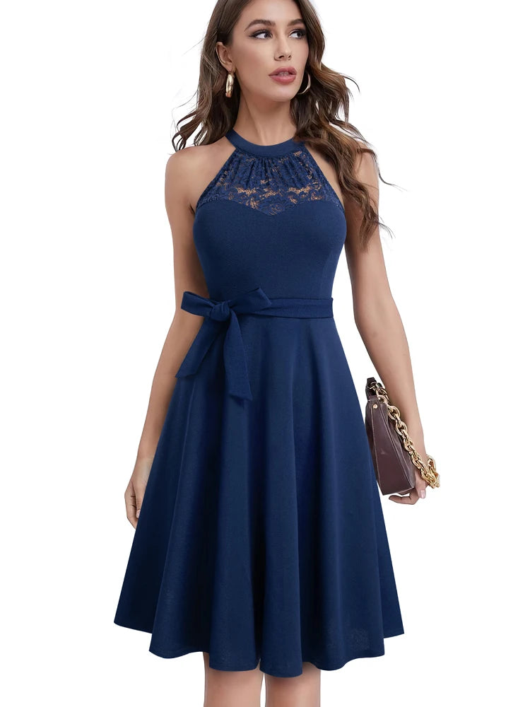 Nice-forever Summer Women Elegant Lace Patchwork with Sash Dresses Cocktail Wedding Party Vintage Flare Dress A283