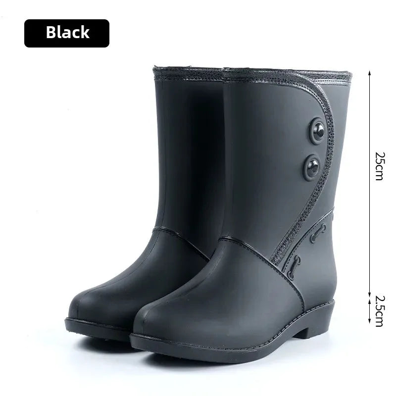 Outdoor Fashion Mid Tube Low Heel Women's Rain Boots Four Seasons Waterproof Car Wash Non-slip Kitchen Work Boots