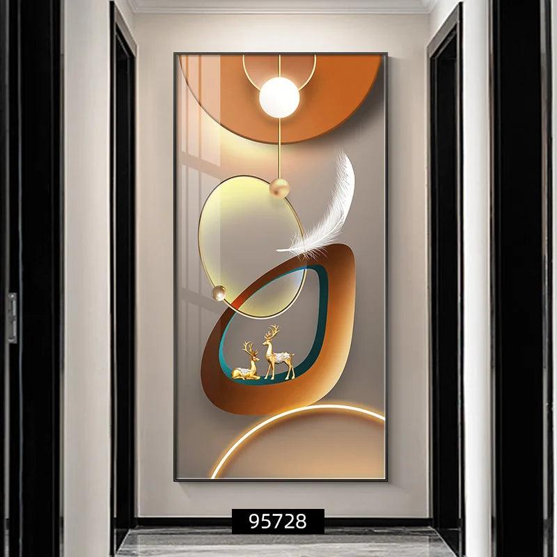 Abstract Luxury Geometry Feather Leaf Light Canvas Painting Deer Decorative Wall Art Golden Living Room - Jess Deals