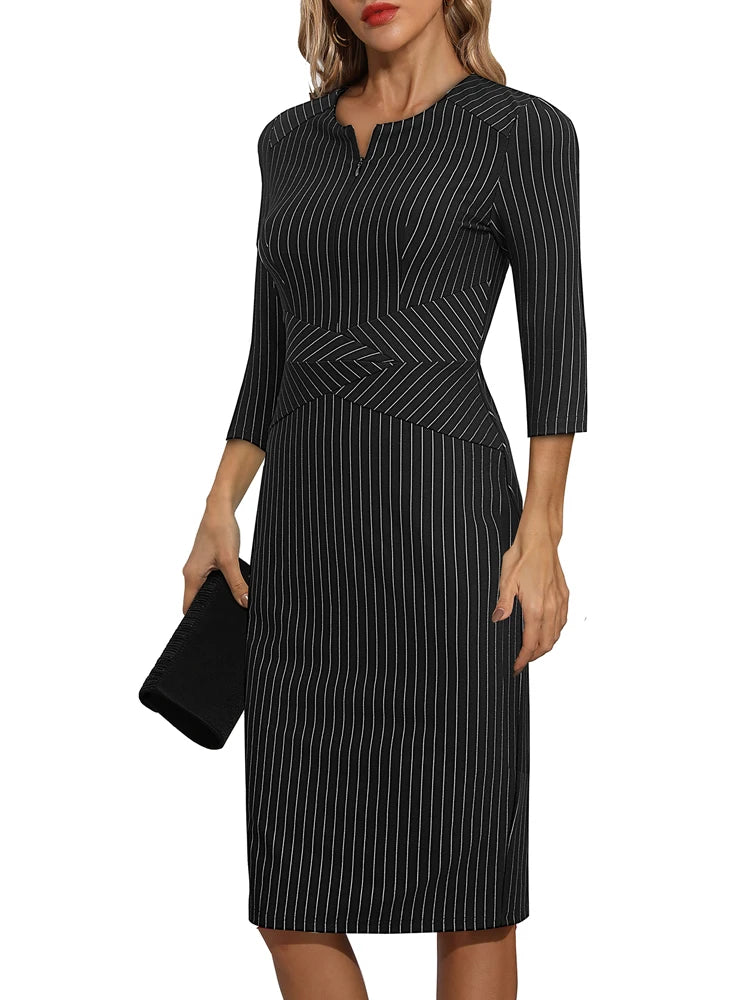 Nice-forever Autumn Women Vintage Stripes Pattern Dresses Business Office Elegant Bodycon Sheath Dress B965