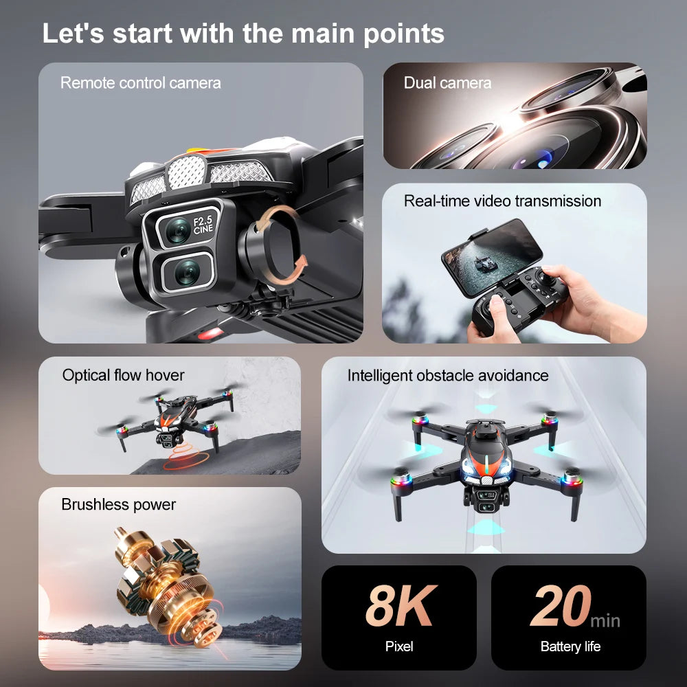 Xiaomi V192 8k Hd Dual Camera Brushless Drone Optical Flow Positioning Folding Avoiding Obstacle Remote Control Aircraft 10000m