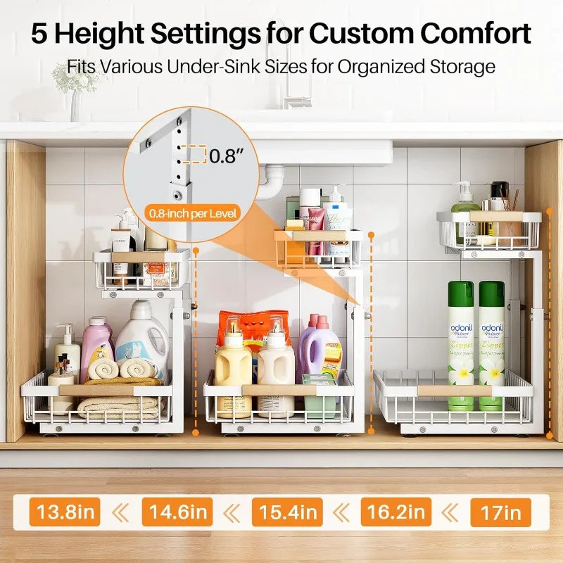 Upgrade Your Under Sink Storage: Thickened Metal 2 Pack Organizer with Adjustable Heights
