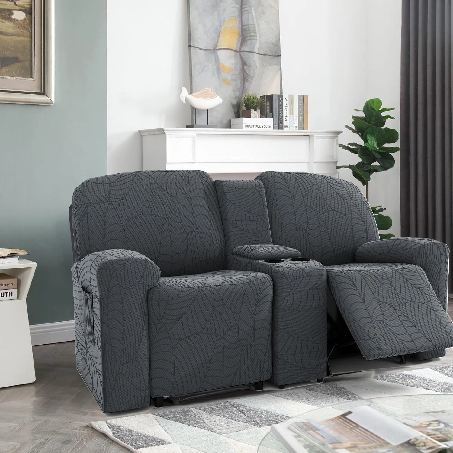 6Pcs/Set Water Resistant Leaf Texture Jacquard Stretch Recliner Loveseat Center Console Sofa Cover Spandex 2 Seater Sofa Cover