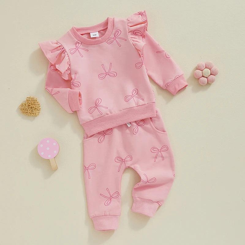 Toddler Girls Clothes  2PCS Autumn Outfits Long Sleeve O Neck Bow Print Tops Drawstring Pants Newborn Clothes Set