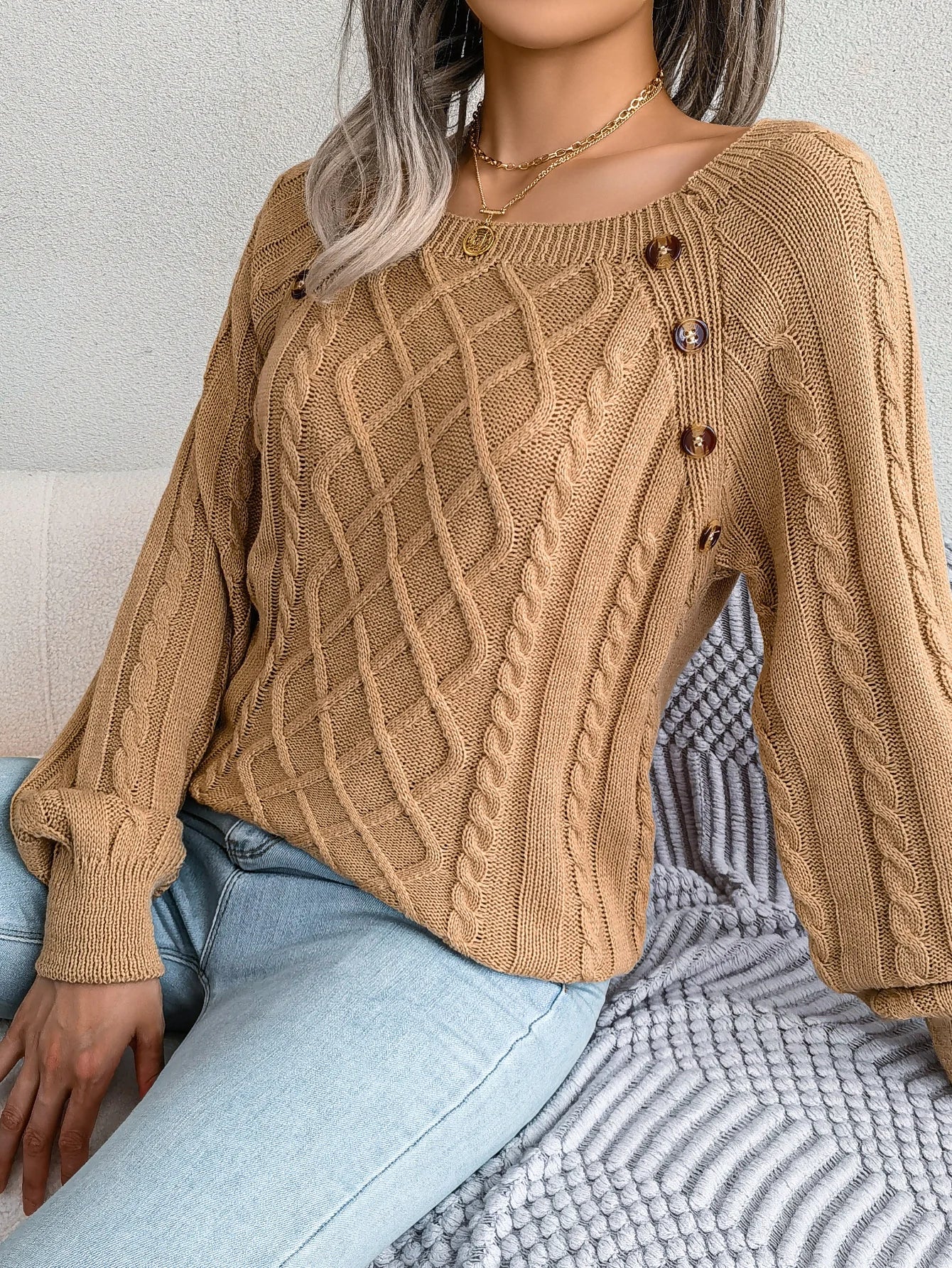 Women Casual Square Collar Buttons Long Sleeve Knitted Pullovers And Sweaters For Autumn Winter 2023