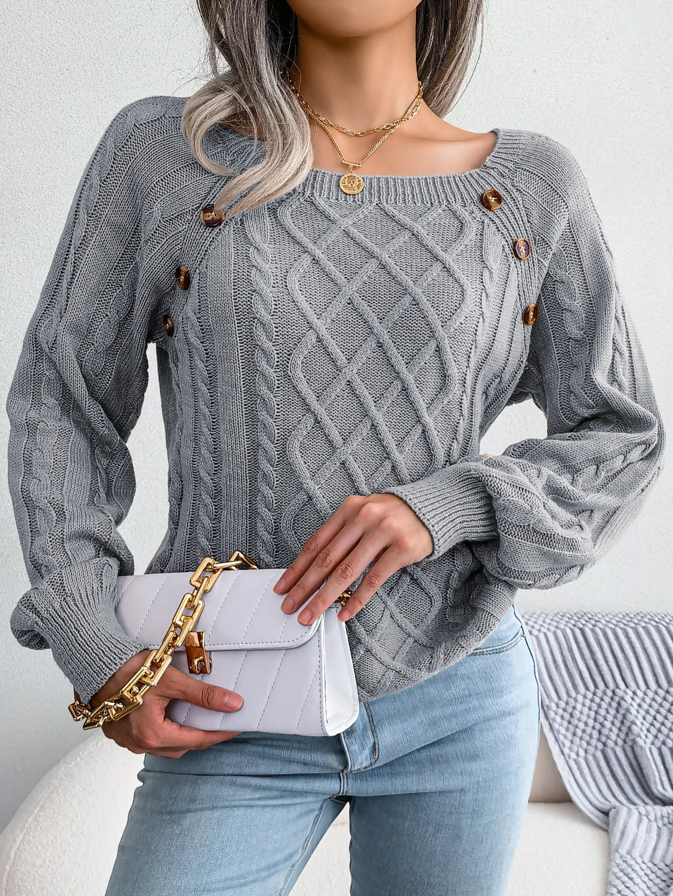 Women Casual Square Collar Buttons Long Sleeve Knitted Pullovers And Sweaters For Autumn Winter 2023