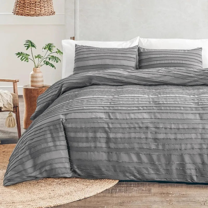 Duvet Cover Queen Size, Navy 3 Pieces Boho Tufted Duvet Cover Set, Soft and Lightweight Microfiber Comforter Cover Set