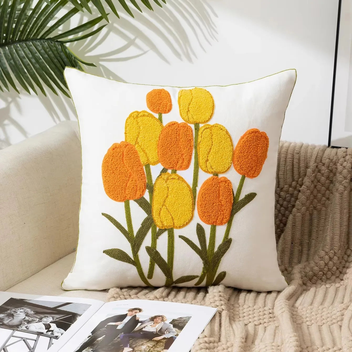 45X45CM Flower Embroidered Throw Pillow Cover Plant Towel Modern Stamping Waist Cushion Cover Decor Home Decorative Pillowcase