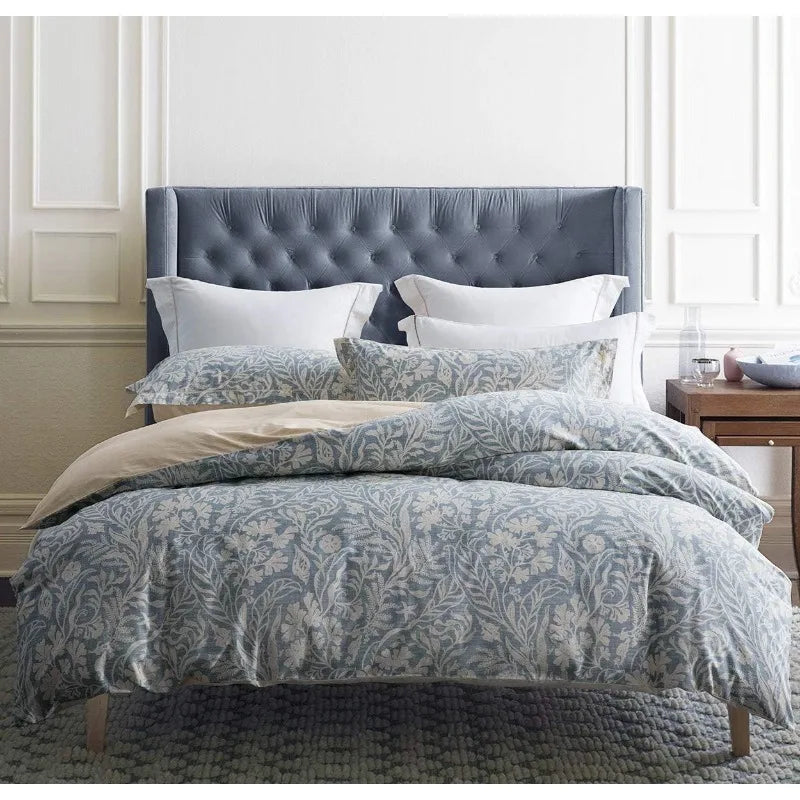 Duvet Cover Queen Size, 600 Thread Count Cotton Beige & Bluish Grey Printed with Luxurious Leaves Pattern Reversible Botanical